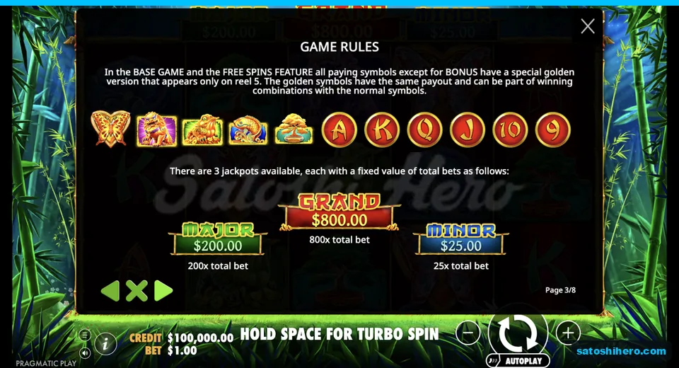 Golden symbols panel shows fixed jackpot values