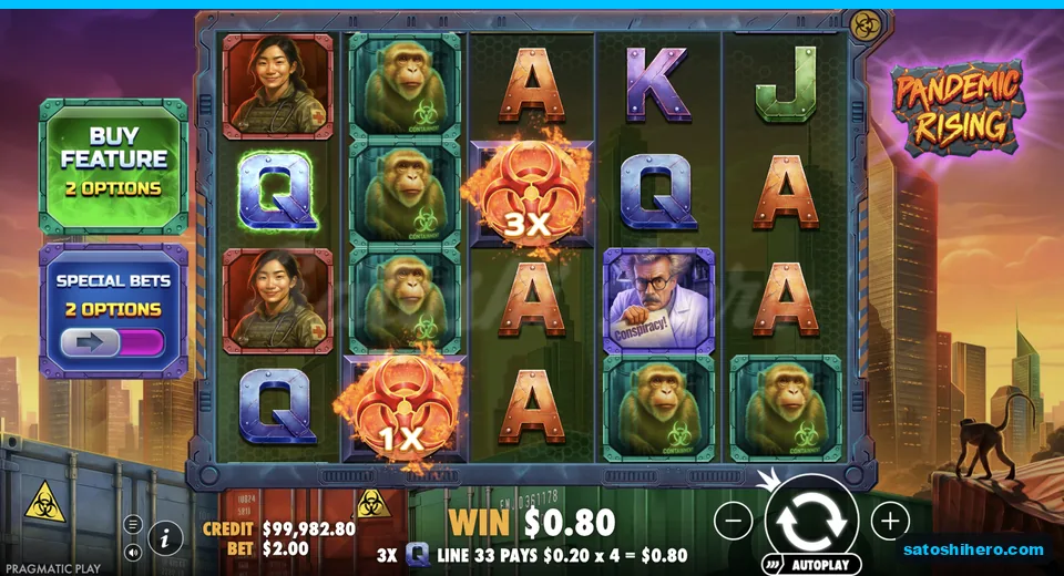 Line win resolves with paired biohazard wilds