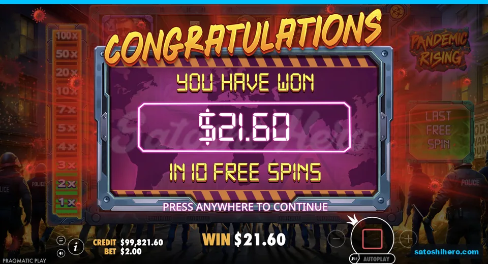 Total win screen shows $21.60 payout