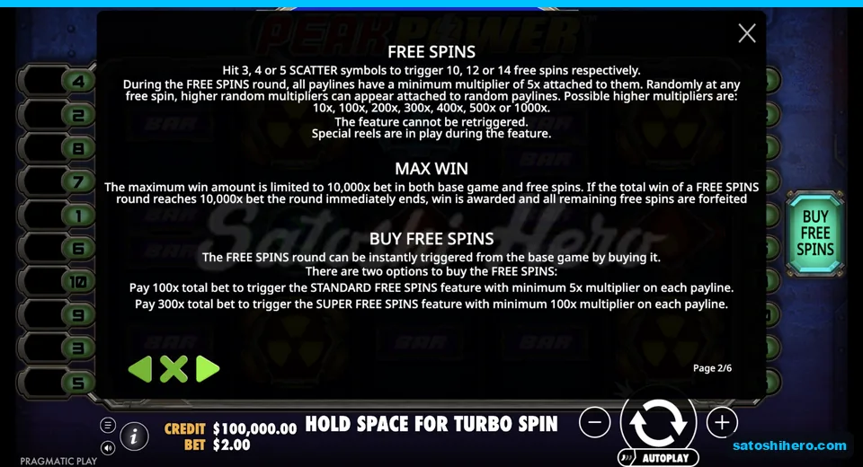 Rules panel lists free spins and buy options