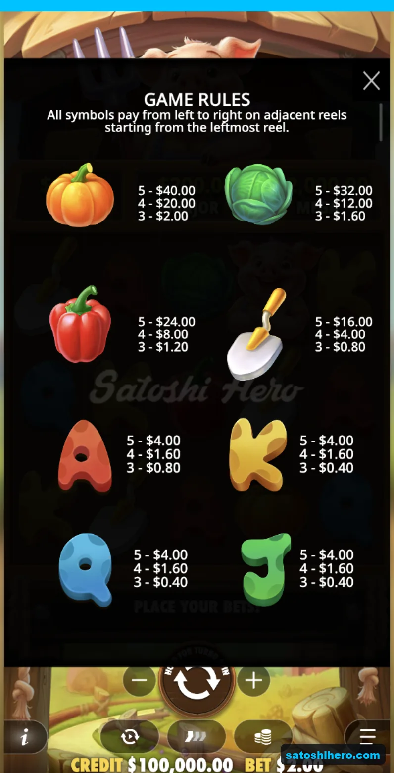 Paytable lists vegetables tools and royal values