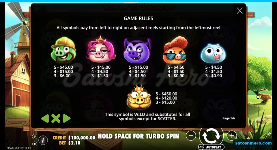 Paytable lists pig symbol values