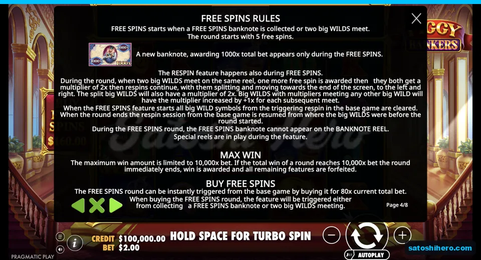 Rules page shows free spins and max win details