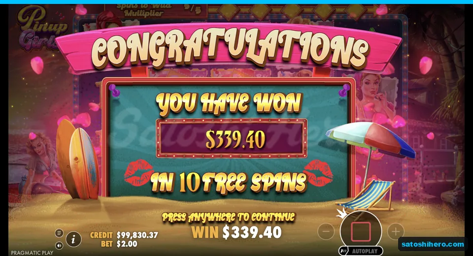 Collect screen shows $339.40 after ten free spins
