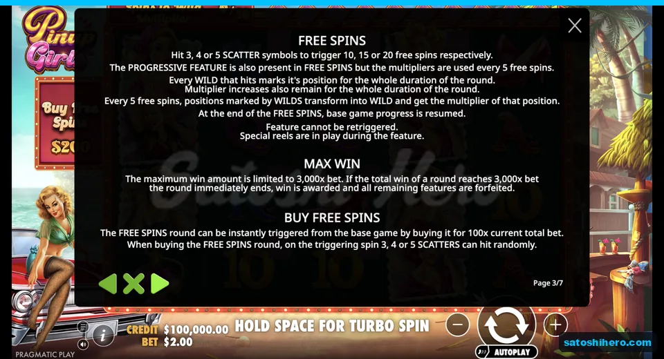 Rules page shows free spins, buy option and max win