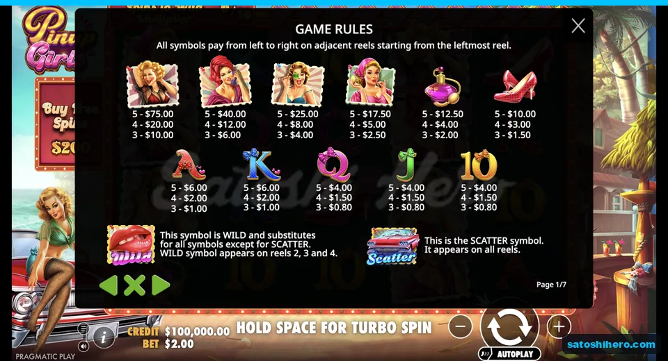 Paytable shows premiums, card ranks, Wild and Scatter
