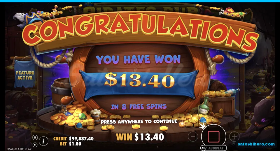 Collect screen shows $13.40 after 8 spins