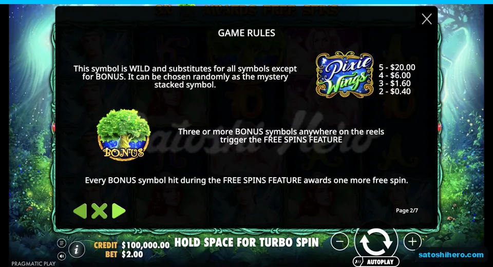 Rules page explains Wild logo and Bonus trees