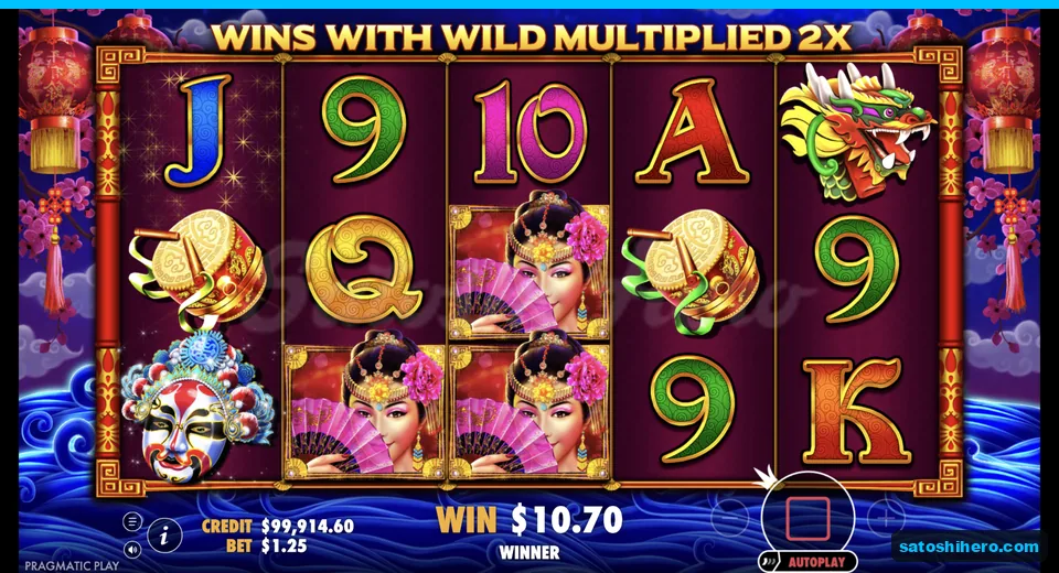 Line win resolves with three geisha Wilds