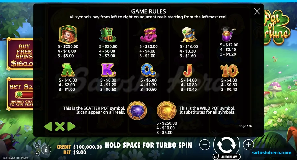 Paytable shows premiums, royals and special pots