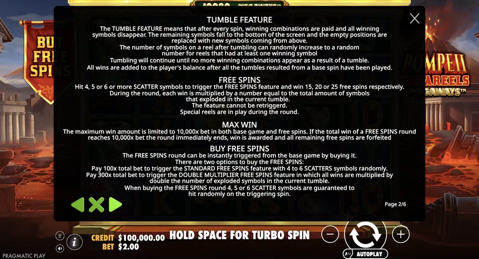 Rules page explains tumbles, reel growth and spins