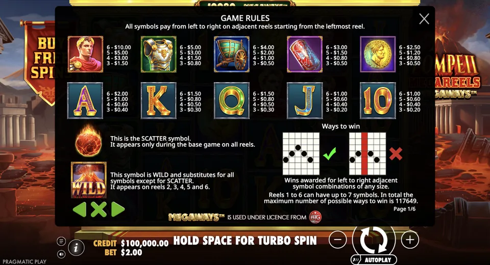 Paytable lists Caesar through royal symbol values