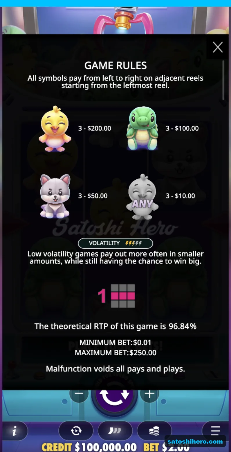 Paytable lists chick, turtle and cat prizes