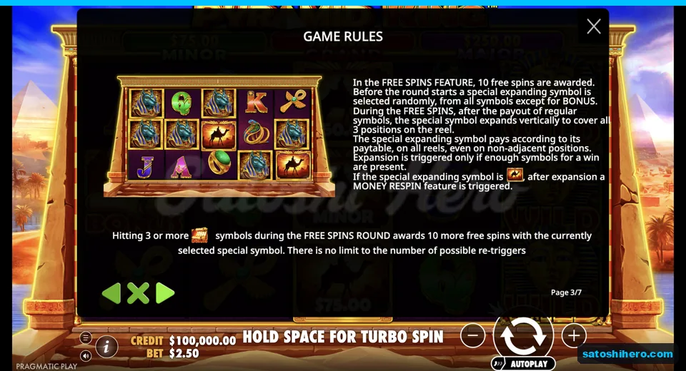 Rules page explains expanding symbol free spins