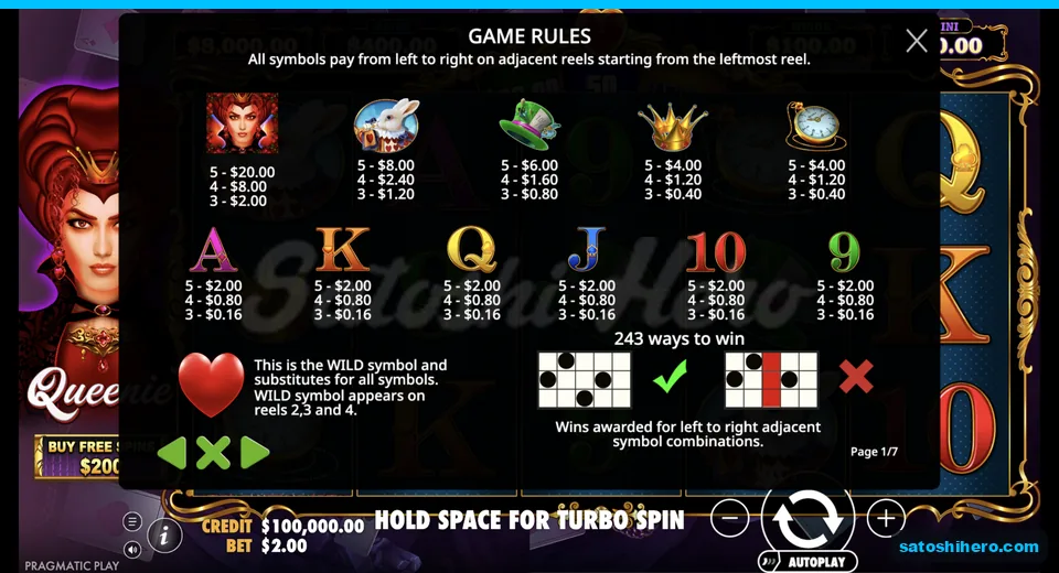 Paytable lists premiums and wild placement