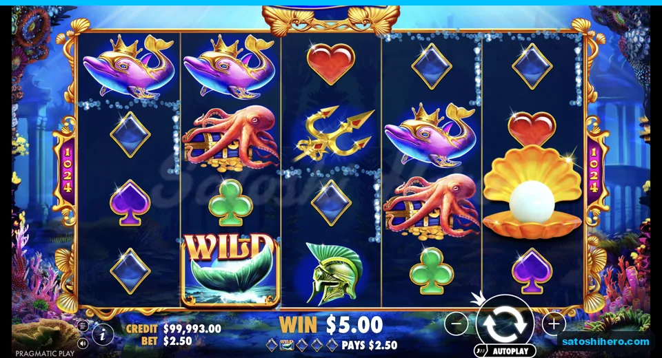 Win resolves with wild and pearl scatter showing
