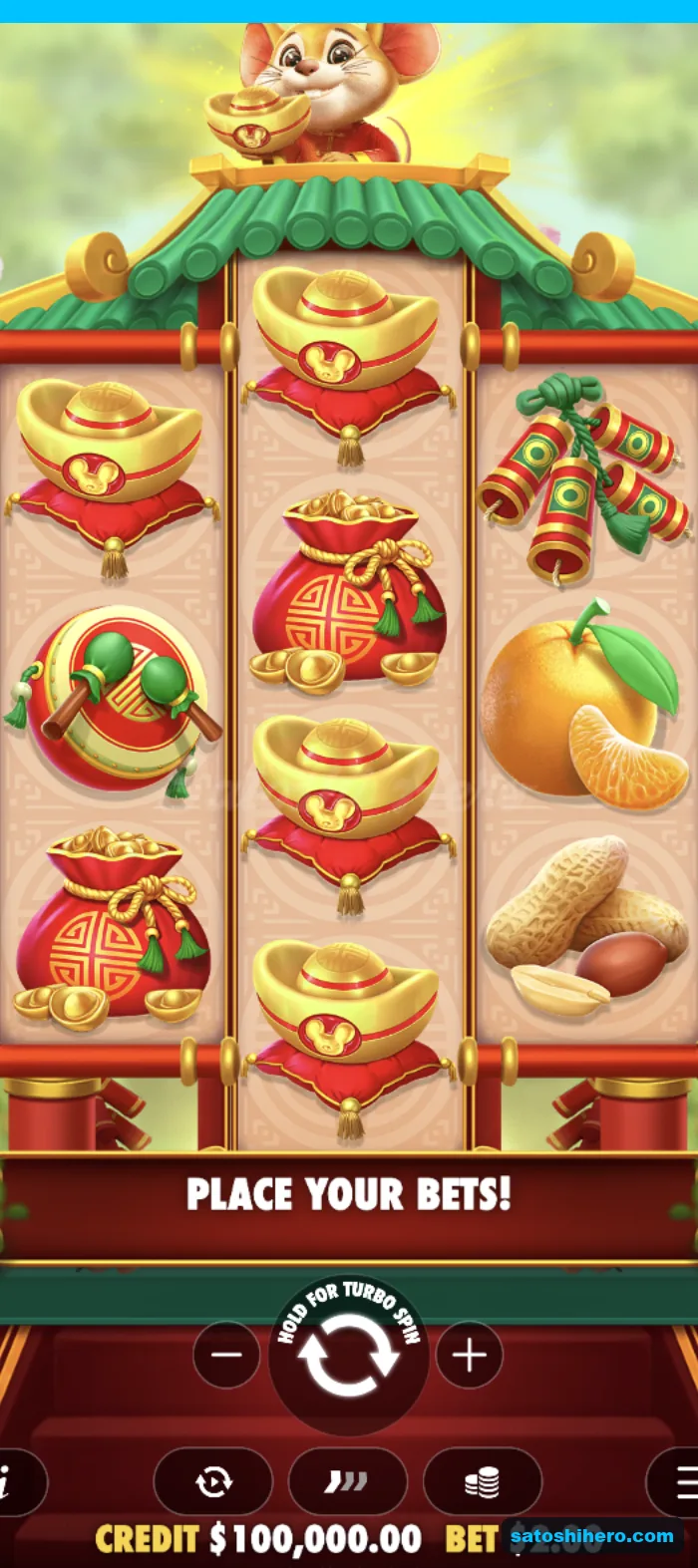 Base game rests with pagoda reels and symbols