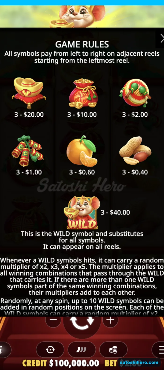 Paytable opens with symbol values and wild multiplier