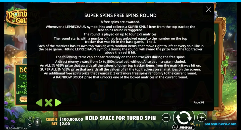 Rules page explains eight spins and grids