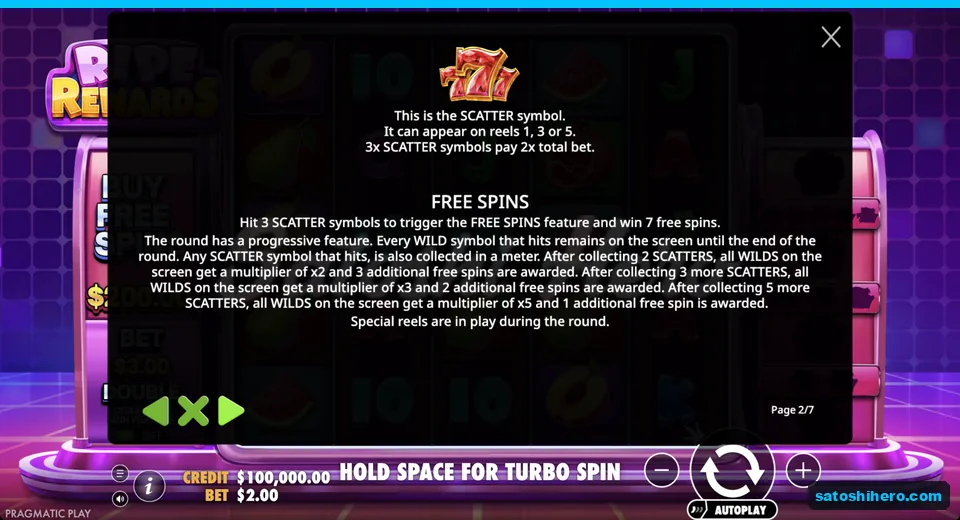 Rules show red seven scatter and tower