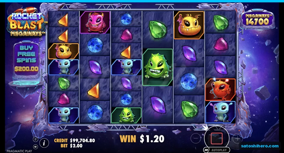 Line win resolves across alien and gem symbols
