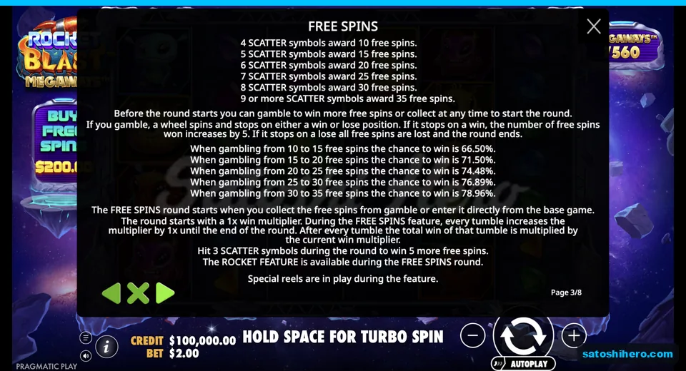 Rules page explains free spins and multiplier