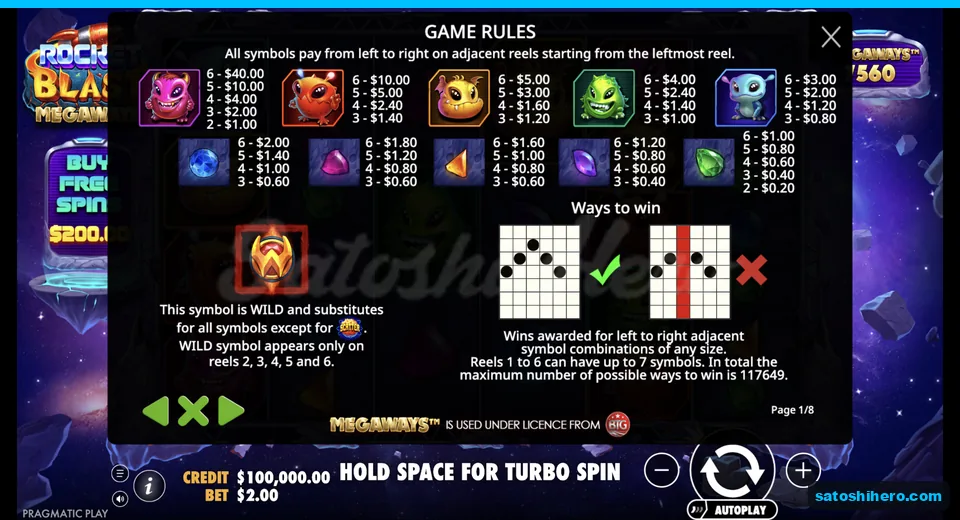 Paytable lists alien symbols and gem values