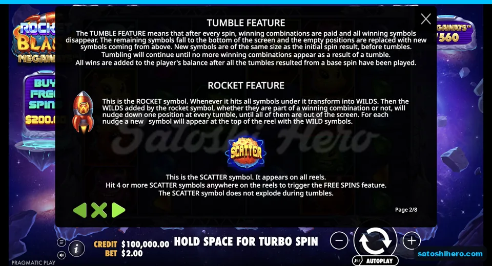 Rules page shows rocket wild and scatter