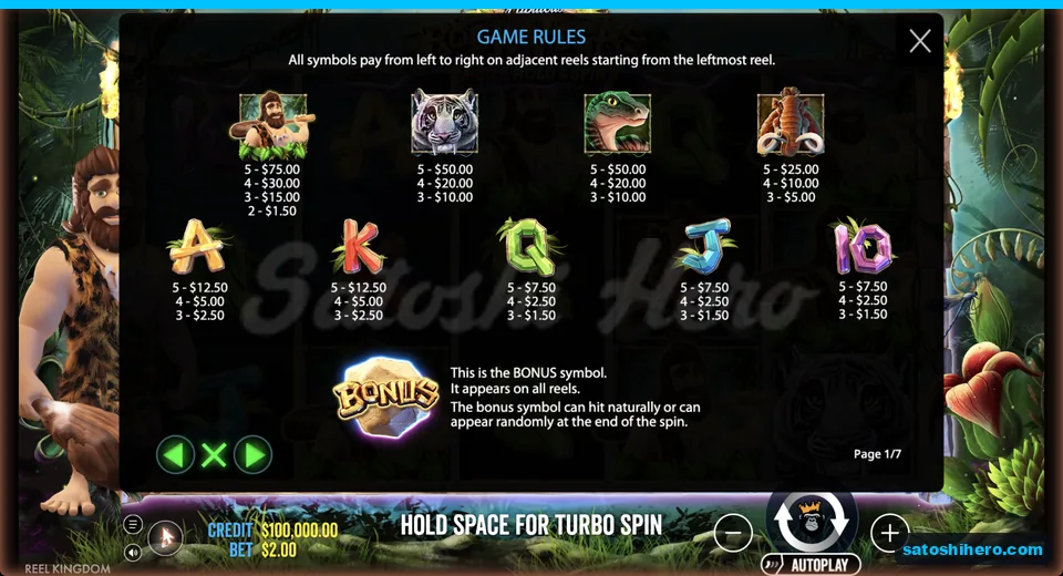 Game rules list symbol payouts and bonus rock