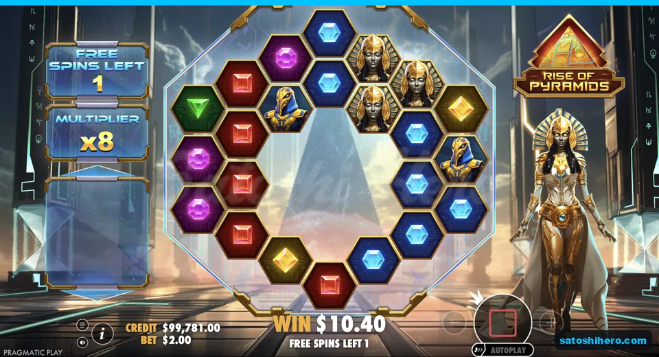 Free spins screen shows x8 multiplier and cluster