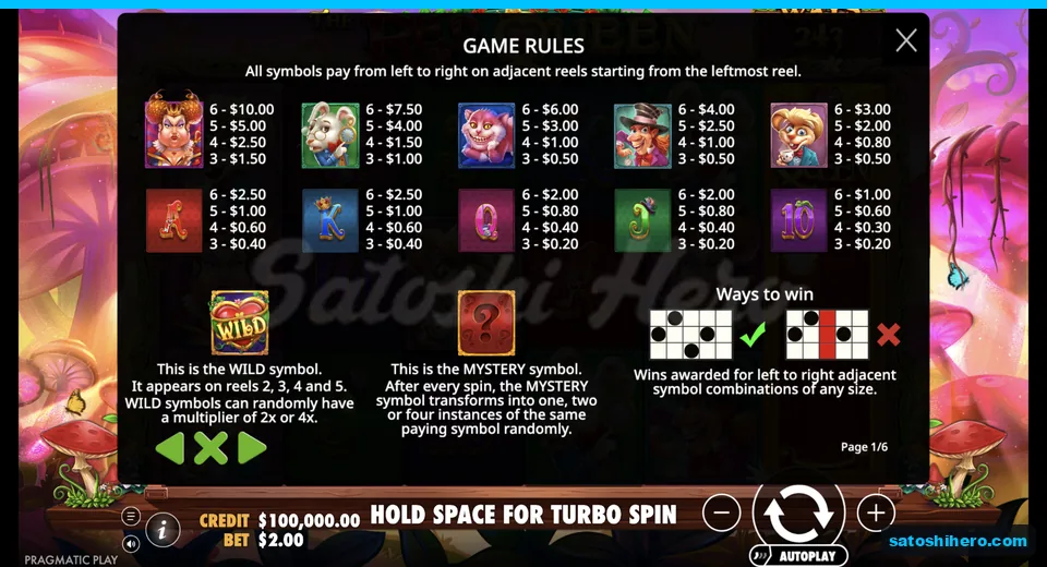 Paytable lists symbol values and Wild tile