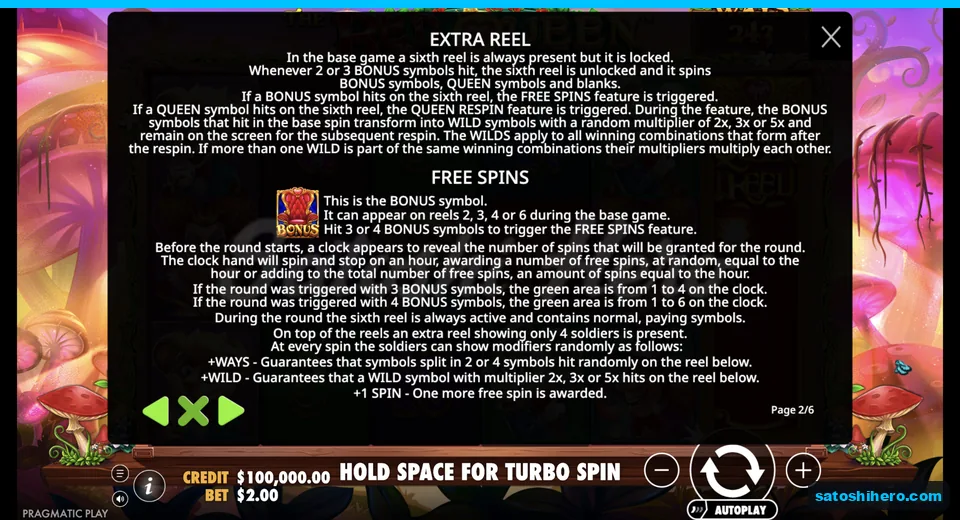 Rules panel shows Bonus and Queen symbols