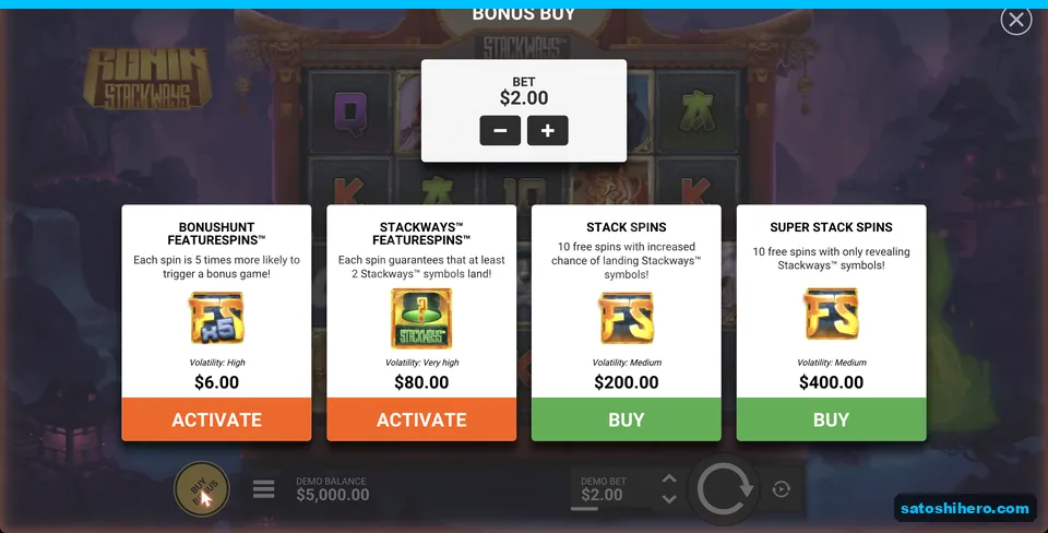 Bonus buy menu shows four feature prices