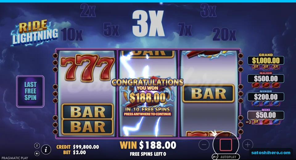 Collect screen tallies $188.00 from ten spins