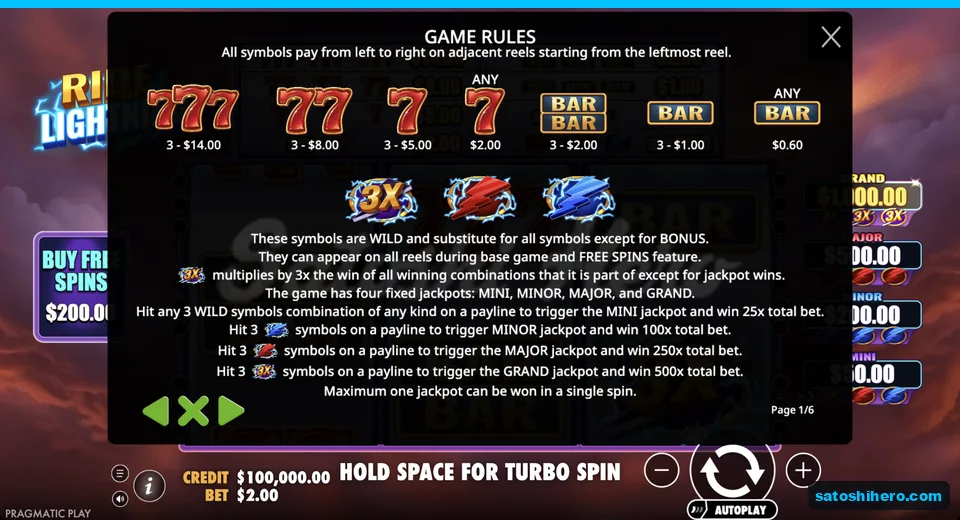 Rules page shows symbol values and jackpots