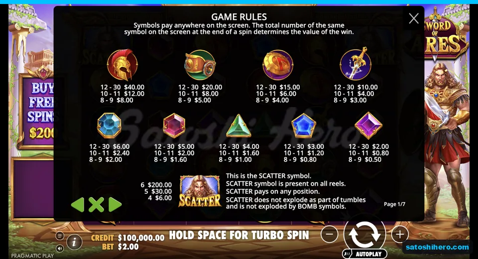 Paytable shows helmet shield sword and gem values