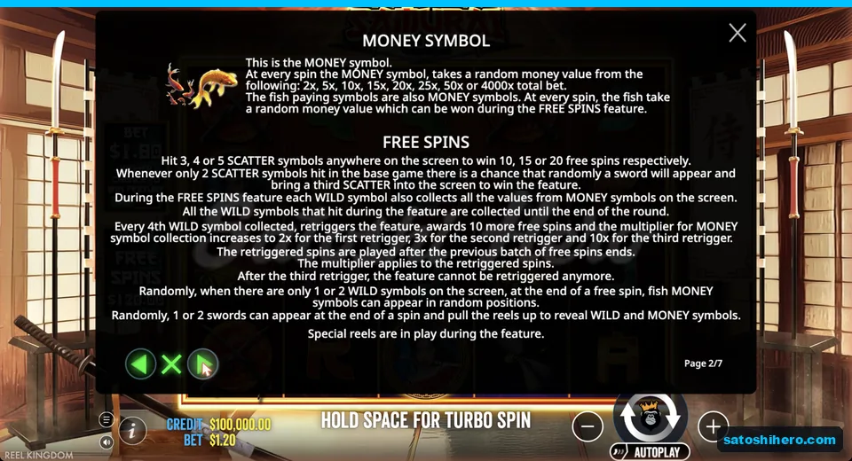 Rules page shows money symbol and free spins