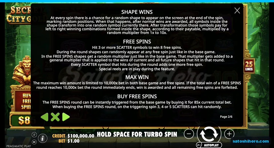 Rules page explains shape wins and free spins