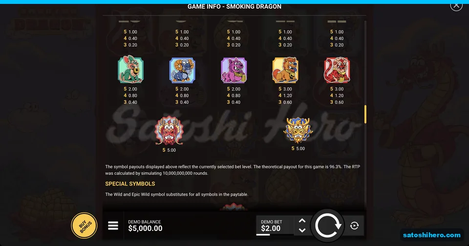 Creature paytable shows dragons at five times