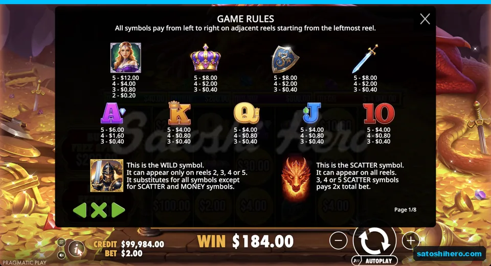 Paytable lists princess, crown, royals and Wild
