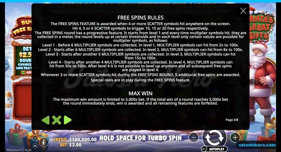 Free spins rules show four levels