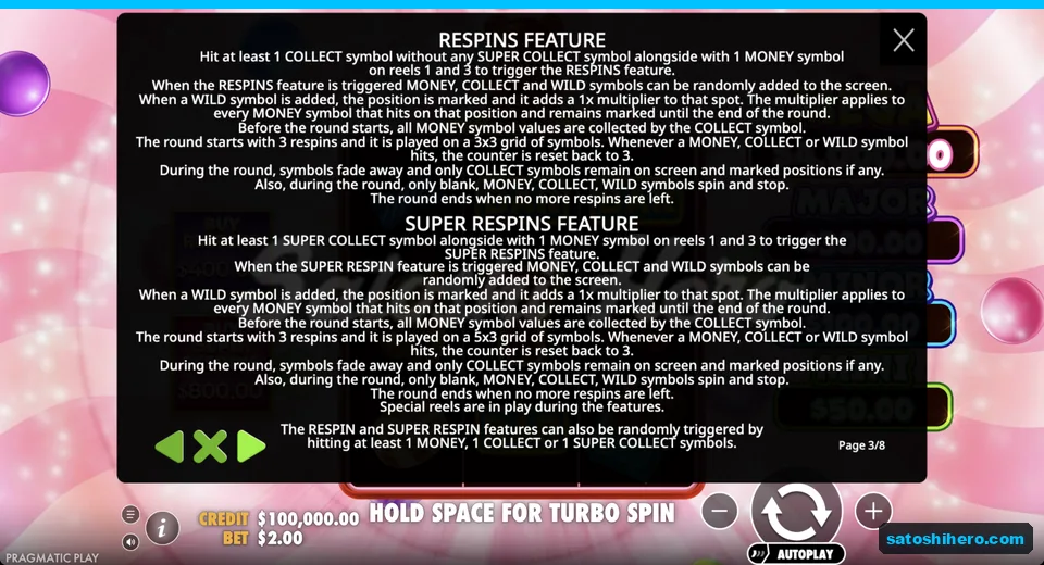 Rules page explains three-respin setup