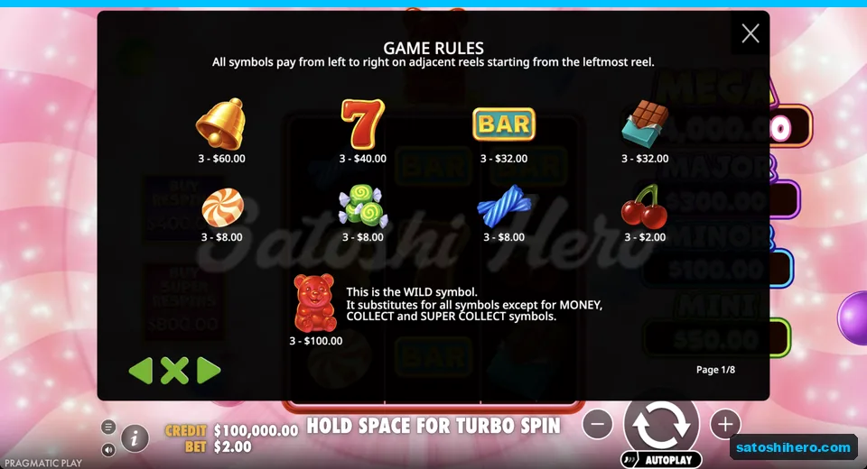 Paytable shows wild and regular symbol prizes