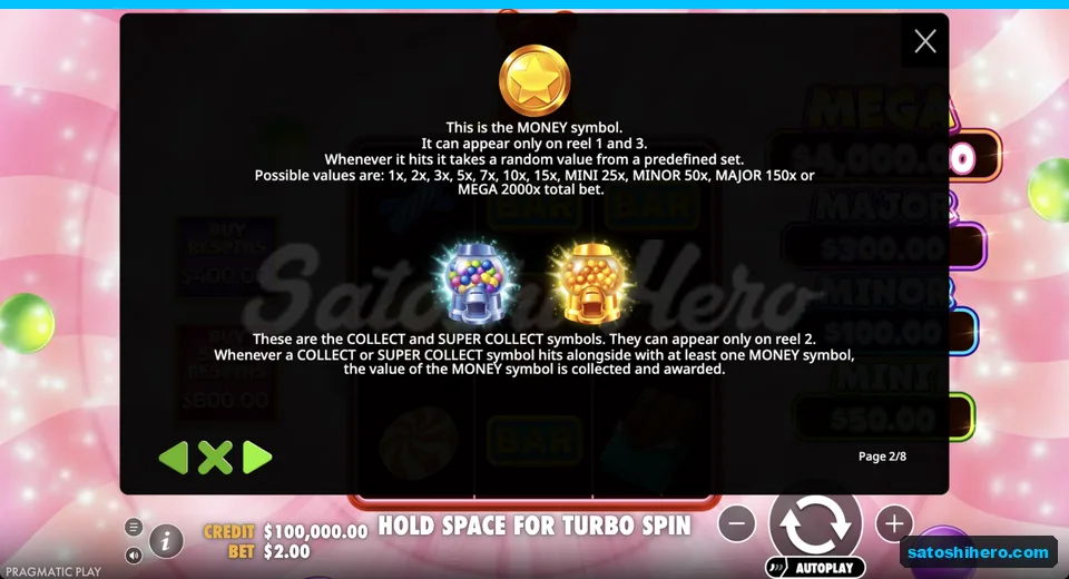 Money coins and collector symbols appear in paytable