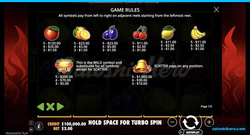 Paytable lists fruit wild and bell values