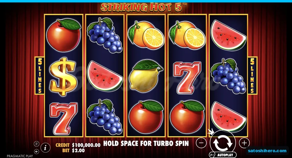 Settled grid shows fruit symbols and dollar scatter
