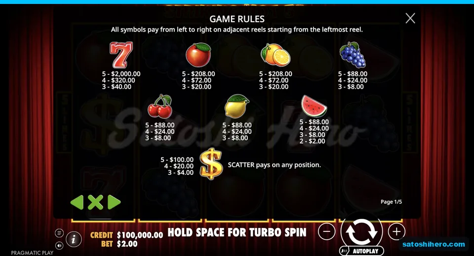 Rules page lists symbol payouts at $2.00