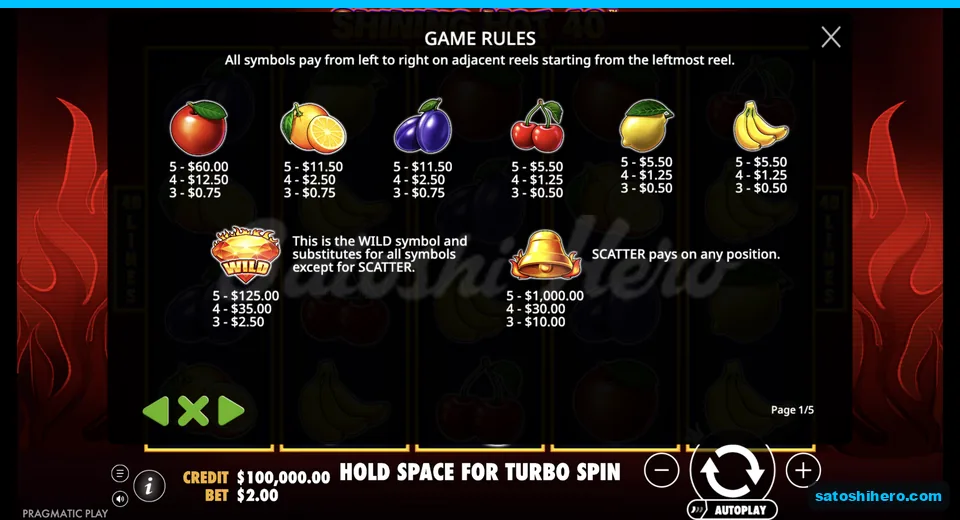 Paytable lists fruit wild and bell values