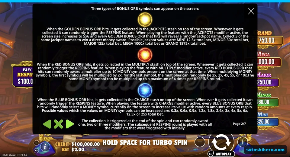 Rules page explains three colored bonus orbs