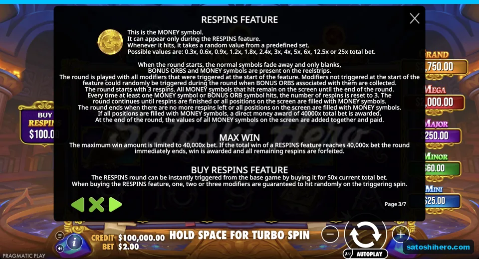 Rules page shows respin round and full-grid prize